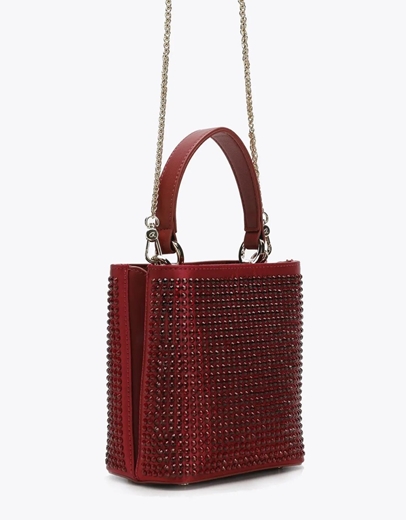 Εικόνα της Γυναικεία τσάντα χειρός με στρας και αλυσίδα Μπορντώ