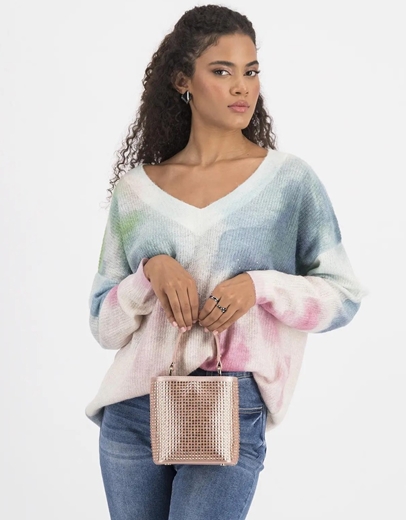 Εικόνα της Γυναικεία τσάντα χειρός με στρας και αλυσίδα Nude