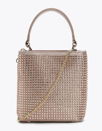 Εικόνα της Γυναικεία τσάντα χειρός με στρας και αλυσίδα Nude