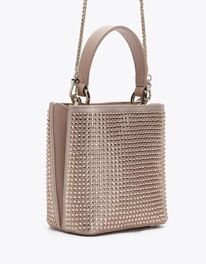 Εικόνα της Γυναικεία τσάντα χειρός με στρας και αλυσίδα Nude