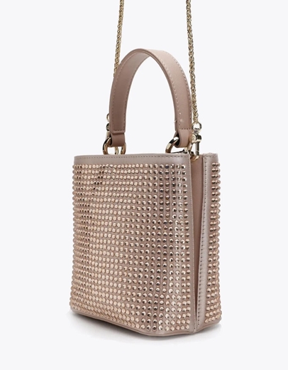 Εικόνα της Γυναικεία τσάντα χειρός με στρας και αλυσίδα Nude