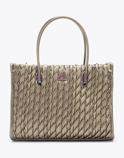 Εικόνα της Γυναικεία τσάντα χειρός με σχέδιο πλέξης και μεταλλικά στοιχεία Μπρονζέ