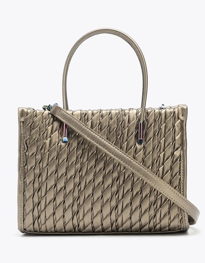 Εικόνα της Γυναικεία τσάντα χειρός με σχέδιο πλέξης και μεταλλικά στοιχεία Μπρονζέ