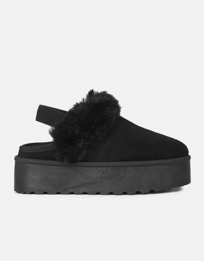 Εικόνα της Suede clogs με διακοσμητικό γουνάκι και λάστιχο Μαύρο