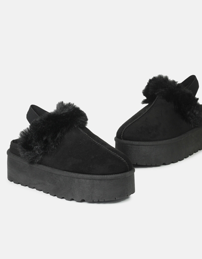 Εικόνα της Suede clogs με διακοσμητικό γουνάκι και λάστιχο Μαύρο