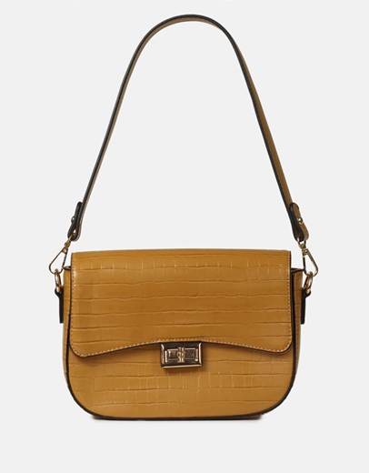 Εικόνα της Τσάντα ώμου κροκό μονόχρωμη με διπλό λουράκι Κάμελ