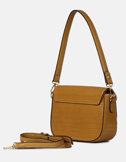 Εικόνα της Τσάντα ώμου κροκό μονόχρωμη με διπλό λουράκι Κάμελ