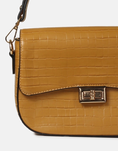 Εικόνα της Τσάντα ώμου κροκό μονόχρωμη με διπλό λουράκι Κάμελ