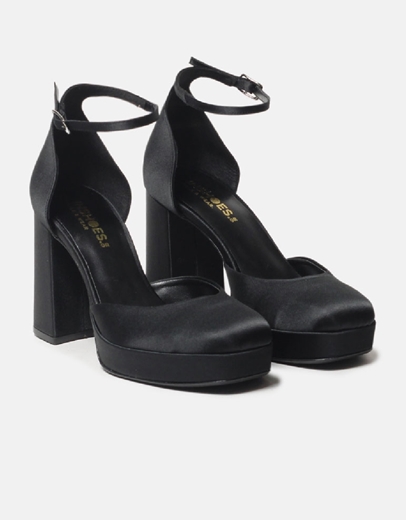 Εικόνα της Σατέν μονόχρωμες γόβες με τετράγωνο τακούνι Ελληνικής κατασκευής Μαύρο