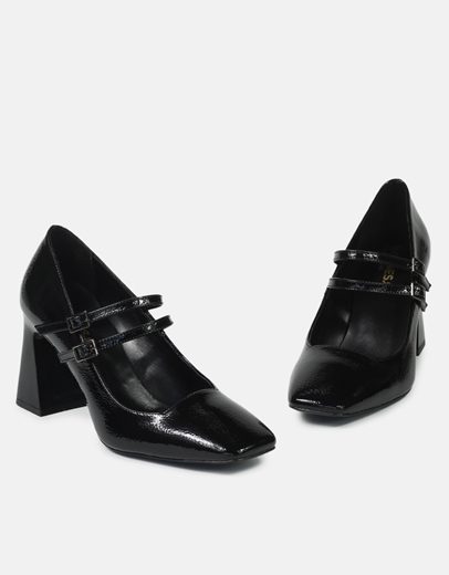 Εικόνα της Γόβες με διπλή μπαρέτα και τετράγωνο τακούνι Ελληνικής κατασκευής Μαύρο