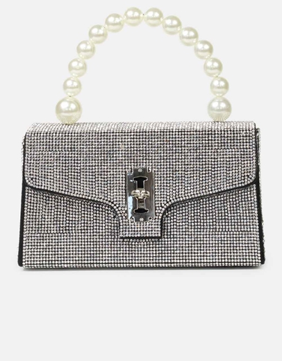 Εικόνα της Τσάντα χειρός με στρας και λαβή από πέρλες Ασημί