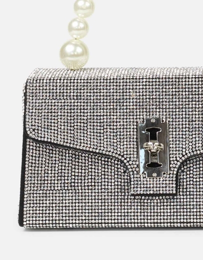 Εικόνα της Τσάντα χειρός με στρας και λαβή από πέρλες Ασημί