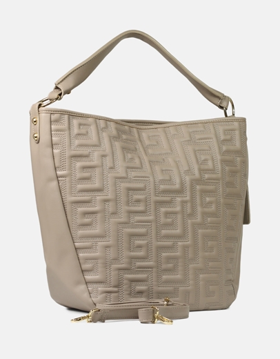 Εικόνα της Τσάντα χειρός με μοτίβο μαιάνδρου και φερμουάρ Μπεζ