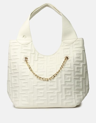 Εικόνα της Τσάντα χειρός με αλυσίδα και μοτίβο μαιάνδρου Μπεζ