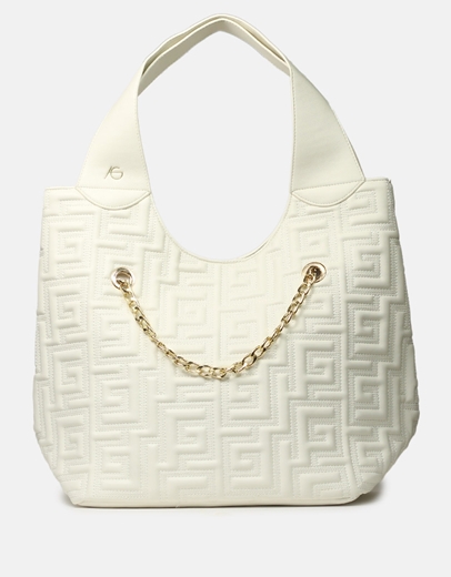 Εικόνα της Τσάντα χειρός με αλυσίδα και μοτίβο μαιάνδρου Μπεζ