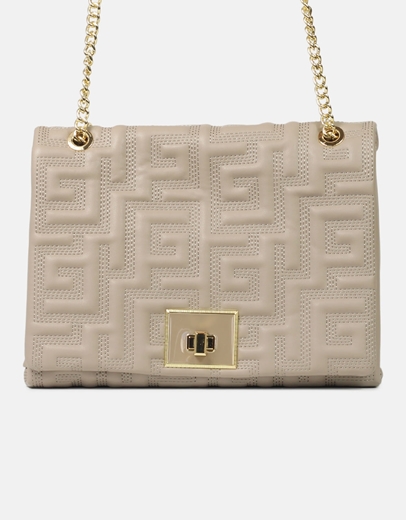 Εικόνα της Tσάντα ώμου με μοτίβο μαιάνδρου και αλυσίδα Μπεζ