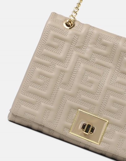 Εικόνα της Tσάντα ώμου με μοτίβο μαιάνδρου και αλυσίδα Μπεζ