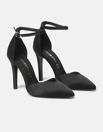 Εικόνα της Μυτερές ψηλοτάκουνες σατέν γόβες με μπαρέτα Ελληνικής κατασκευής Μαύρο