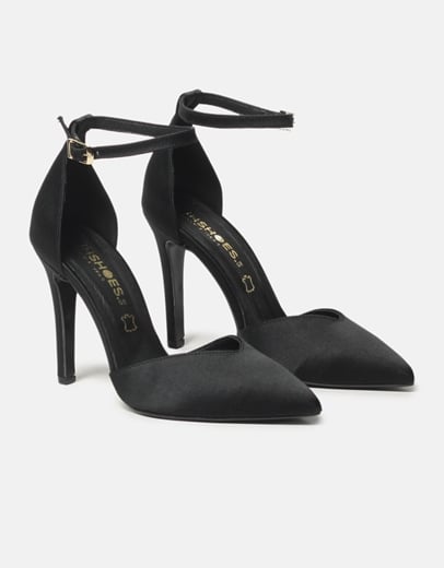 Εικόνα της Μυτερές ψηλοτάκουνες σατέν γόβες με μπαρέτα Ελληνικής κατασκευής Μαύρο