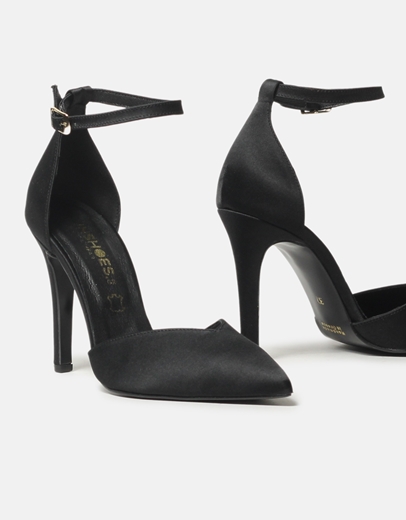 Εικόνα της Μυτερές ψηλοτάκουνες σατέν γόβες με μπαρέτα Ελληνικής κατασκευής Μαύρο