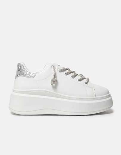 Εικόνα της Sneakers με διπλή σόλα και κορδόνια από strass Λευκό/Ασημί