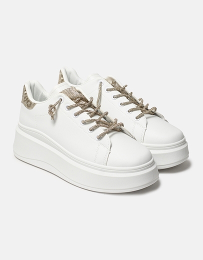 Εικόνα της Sneakers με διπλή σόλα και κορδόνια από strass Λευκό/Χρυσό