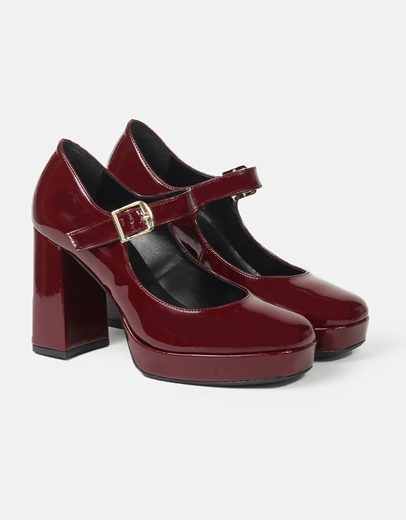 Εικόνα της Mary Jane γόβες λουστρίνι με τετράγωνο τακούνι Μπορντώ