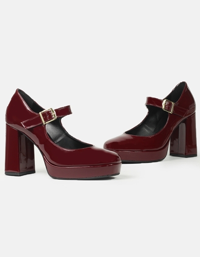 Εικόνα της Mary Jane γόβες λουστρίνι με τετράγωνο τακούνι Μπορντώ