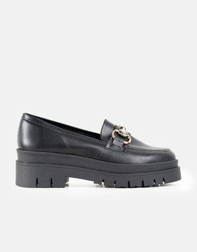 Εικόνα της Loafers Ελληνικής Κατασκευής μονόχρωμα με διπλή τρακτερωτή σόλα Μαύρο