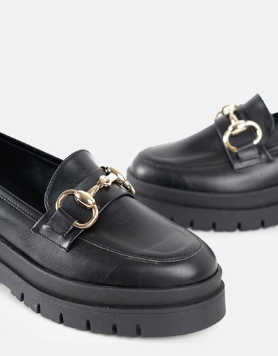 Εικόνα της Loafers Ελληνικής Κατασκευής μονόχρωμα με διπλή τρακτερωτή σόλα Μαύρο