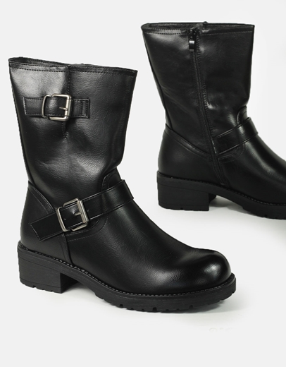 Εικόνα της Γυναικεία μονόχρωμα μποτάκια με φερμουάρ και διακοσμητικούς τοκάδες Μαύρο