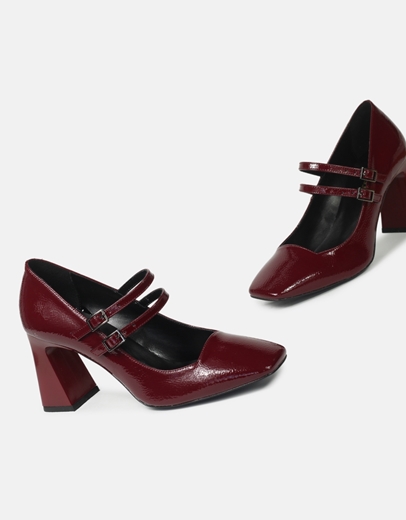 Εικόνα της Γόβες με διπλή μπαρέτα και τετράγωνο τακούνι Ελληνικής κατασκευής Μπορντώ