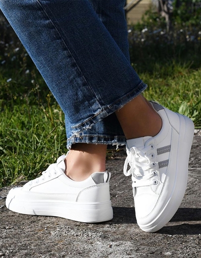 Εικόνα της Γυναικεία sneakers σε απλή γραμμή Λευκό/Ασημί