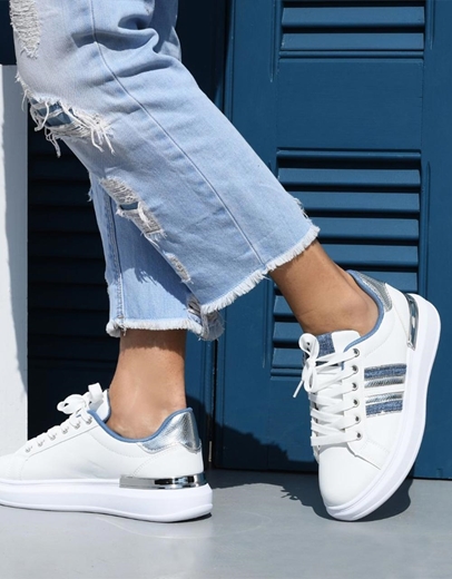 Εικόνα της Γυναικεία sneakers δίσολα με συνδυασμό υλικών Λευκό