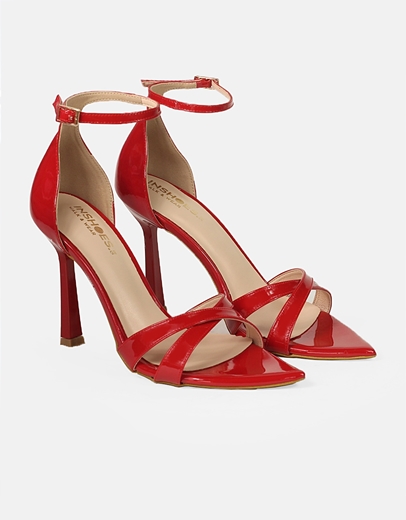 Εικόνα της Πέδιλα μυτερά Ελληνικής Κατασκευής λουστρίνι με λουράκια Κόκκινο