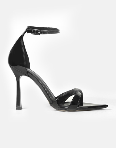 Εικόνα της Πέδιλα μυτερά Ελληνικής Κατασκευής λουστρίνι με λουράκια Μαύρο