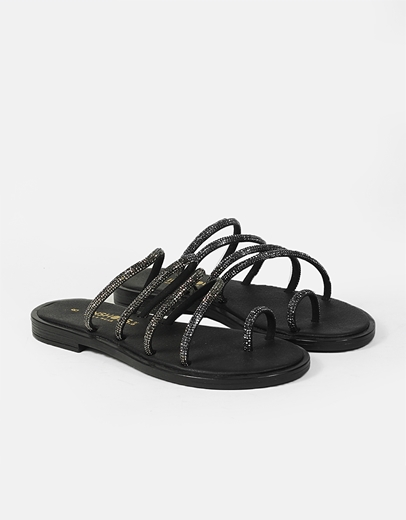 Εικόνα της Δερμάτινα σανδάλια Ελληνικής Κατασκευής με λουράκια strass Μαύρο