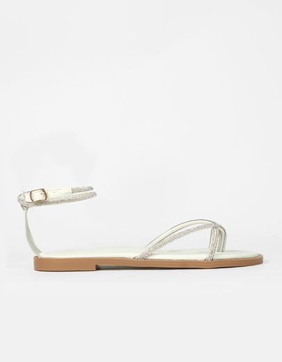 Εικόνα της Δερμάτινα flat σανδάλια Ελληνικής κατασκευής με λουράκια από strass Λευκό