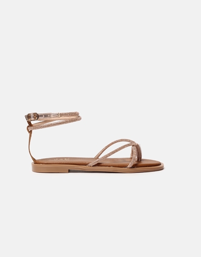 Εικόνα της Δερμάτινα flat σανδάλια Ελληνικής κατασκευής με λουράκια από strass Χαλκός
