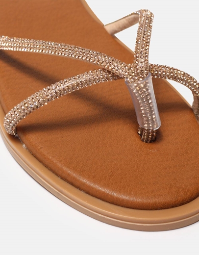 Εικόνα της Δερμάτινα flat σανδάλια Ελληνικής κατασκευής με λουράκια από strass Χαλκός