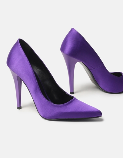 Εικόνα της Δερμάτινες σατέν ψηλοτάκουνες μυτερές γόβες Ελληνικής κατασκευής Μωβ