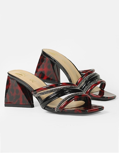 Εικόνα της Mules σε καρέ γραμμή με λουράκια και glitter Κόκκινο