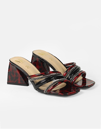 Εικόνα της Mules σε καρέ γραμμή με λουράκια και glitter Κόκκινο