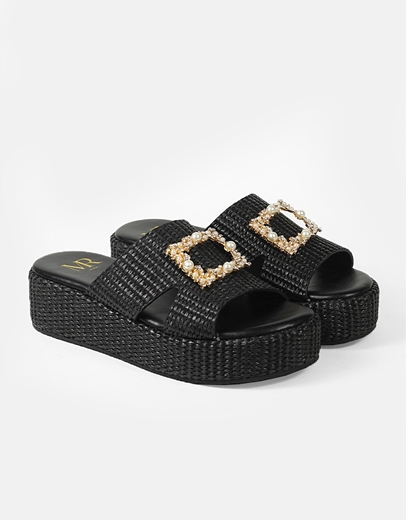 Εικόνα της Ψάθινα flatforms με φάσα με ανοίγματα και διακοσμητική αγκράφα Μαύρο