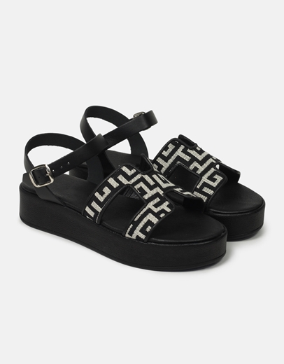 Εικόνα της Σανδάλια Ελληνικής κατασκευής  με μαίανδρο και μπαρέτα Μαύρο