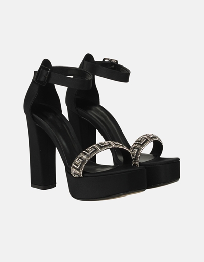 Εικόνα της Σατέν ψηλοτάκουνα πέδιλα Ελληνικής κατασκευής με strass Μαύρο