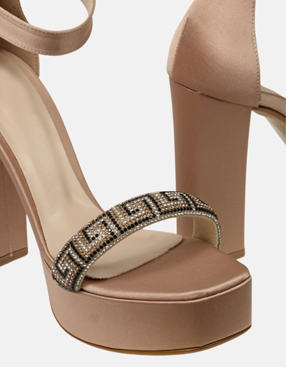 Εικόνα της Σατέν ψηλοτάκουνα πέδιλα Ελληνικής κατασκευής με strass Nude