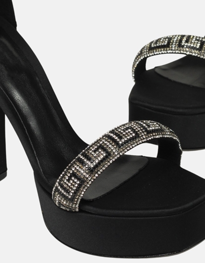 Εικόνα της Σατέν ψηλοτάκουνα πέδιλα Ελληνικής κατασκευής με strass Μαύρο