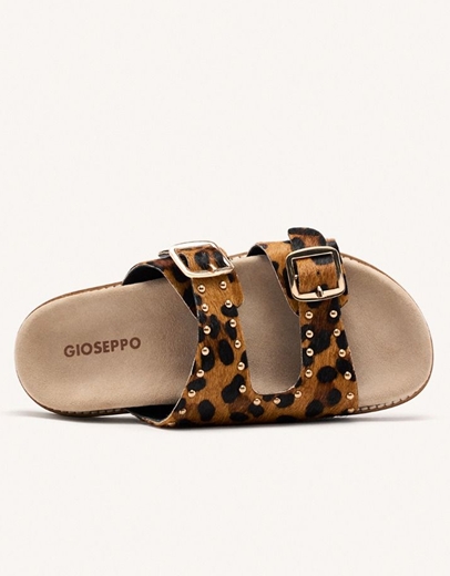 Εικόνα της Δερμάτινα σανδάλια flat με διπλή φάσα και print Λεοπάρ