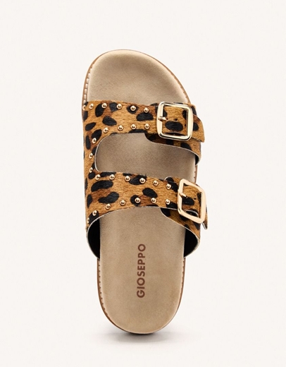 Εικόνα της Δερμάτινα σανδάλια flat με διπλή φάσα και print Λεοπάρ